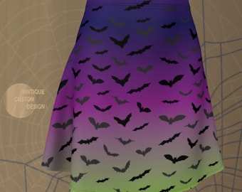BAT HALLOWEEN SKIRT Womens Skirt for Halloween Fitted Skirt High Waisted Skirt Purple and Green Skirt with Bat print Cute Goth 90's fashion