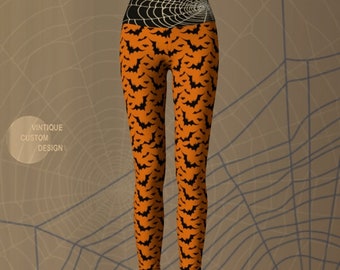 BAT Print YOGA LEGGINGS Women's Orange and Black Yoga Pants Printed Legging's Fun Leggings Womens WorkOut Clothing Eco Fashion Leggings
