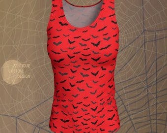 Red Bat Print Tank Top: Halloween Sleeveless Shirt