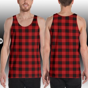 Red Buffalo Plaid Men&#39;s Tank Top: All-Over Print Sleeveless Shirt