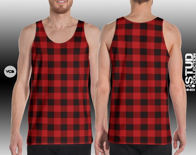 Plaid Tank Top Mens Red Buffalo Plaid MENS TANK TOP Red and Black Tank Top for Men Tank Top Sleeveless Top Athletic Tank Top Gym Tank Top