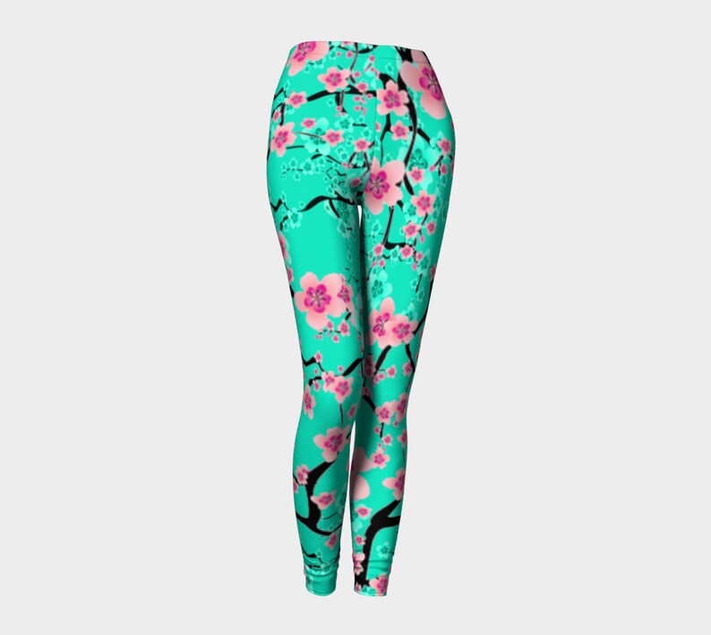 FLORAL SPRING LEGGINGS Cherry Blossom Pattern Teal / Pink Etsy