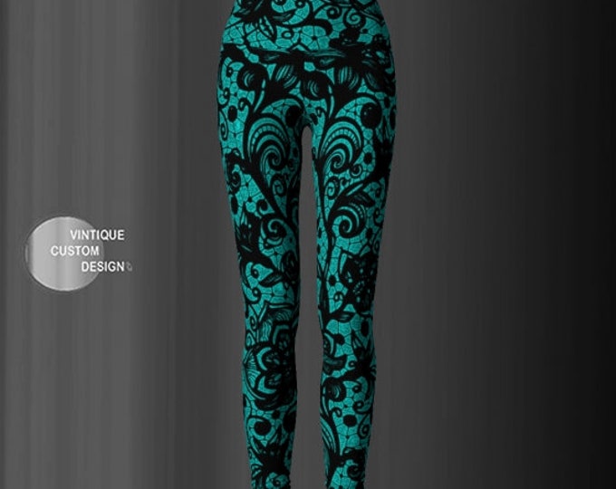 YOGA LEGGINGS WOMENS Lace Tattoo Printed Leggings Yoga Pants for Women Teal and Black Floral Lace Print Sexy Leggings Tribal Tights