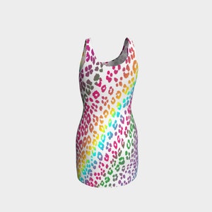 May include: A sleeveless dress with a white background and a rainbow leopard print pattern.