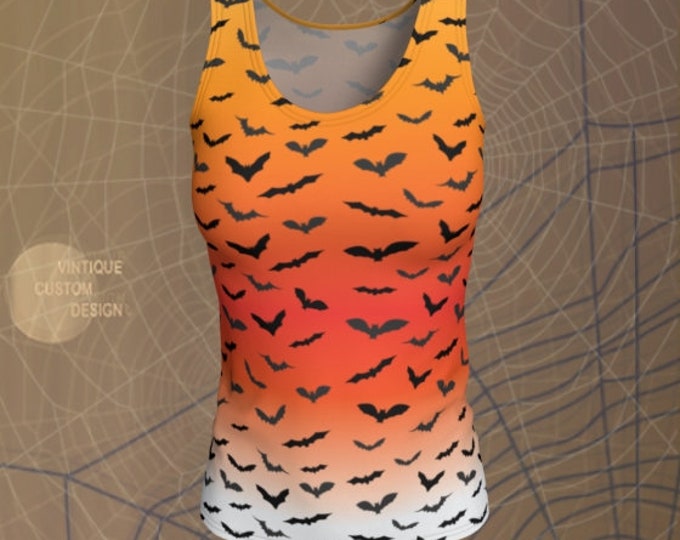 HALLOWEEN BAT TANK Top Orange Ombre Bat Print Tank Top Shirt Womens Tank Top Yoga Top Work Out Top Womens Halloween Bat Print Tank Top