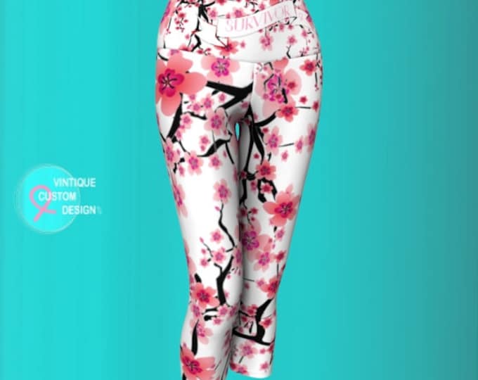 Pink Ribbon Cherry Blossom SURVIVOR LEGGINGS Women's Breast Cancer Leggings Pink Ribbon Gift Survivor Gift Support Gift for Women Yoga Capri