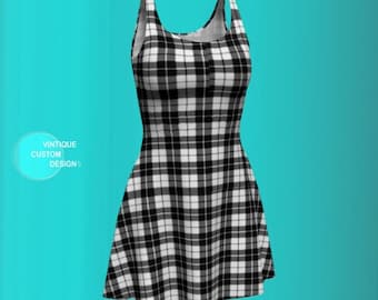 Black and White Tartan Plaid Bodycon Dress, Fashion Print