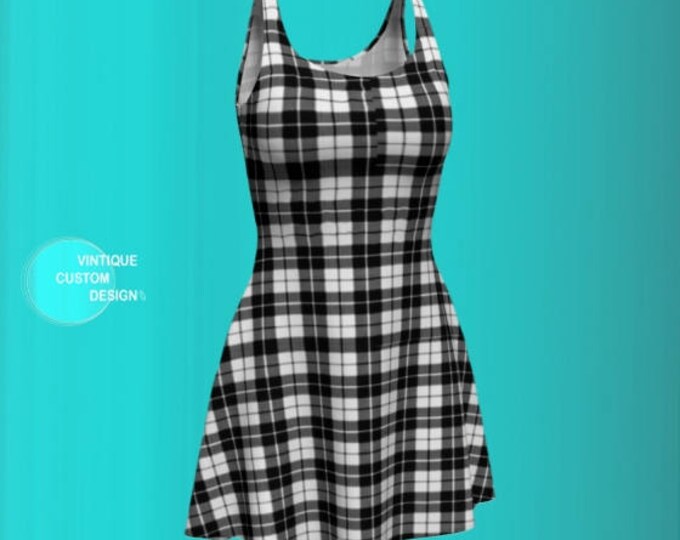 Tartan Plaid Dress Black and White Plaid Womens Designer Dress Skater DRESS Sexy Mini Dress Flare Dress Sexy Print Dress Plaid Dress Bodycon