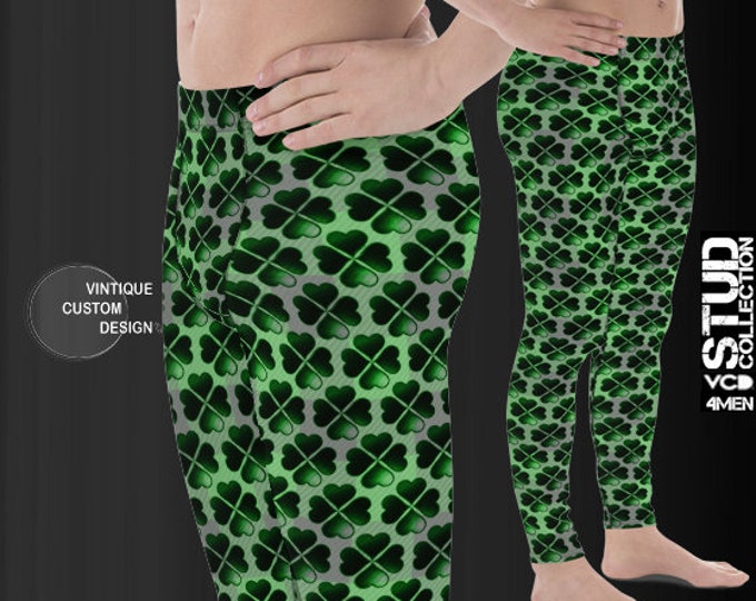 CLOVER Four Leaf Shamrock LEGGINGS MENS Printed Yoga Pants St. Patrick's Day Meggings Mens Leggings Green and White St. Paddys Day Pants