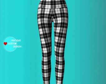 YOGA PANTS LEGGINGS Tartan Plaid Leggings Womens Clothing Sexy Print Leggings Sexy Yoga Pants Sexy Yoga Pants for Women Black White Plaid