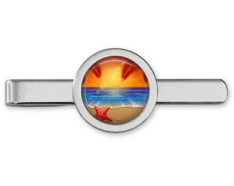 Beach Sunset Tie Clip - Starfish Tie Bar - Tropical Beach Cufflink Accessories (Lifetime Guarantee) T0009