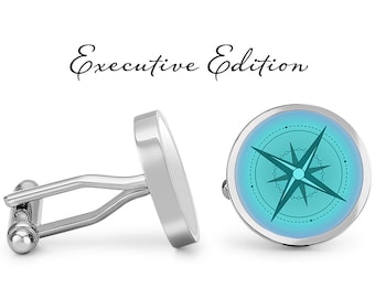 Blue Nautical Compass Cufflinks - Nautical Cuff Links - Sailing Cufflink - Compass Cuff Links (Pair) Lifetime Guarantee (S0296)