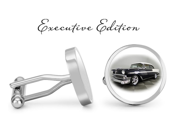 Boutons De Manchette Vintage Argent Et Noir En Forme De Cabriolet - Années 70