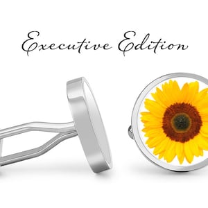 Boutons de manchette - Boutons de manchette de tournesol - Boutons de manchette de fleur - Bouton de manchette nature - Cadeau de mariage pour lui (Paire) Garantie à vie (S0538)