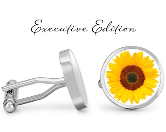 Cufflinks - Sunflower Cufflinks - Flower Cuff Links - Nature Cufflink - Wedding Gift for Him (Pair) Lifetime Guarantee (S0538)