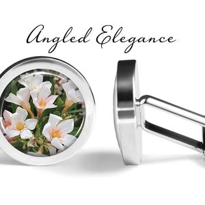 White Flower Cufflinks Flowers Cuff Links Floral Cufflink Pair Lifetime Guarantee S0973 Angled Elegance