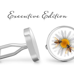 Pollinating Bees Cufflinks - Bee Flower Cuff Links - Flower Cufflinks - Honeybee Cufflink Bee Cuff Links (Pair) Lifetime Guarantee (S0050)