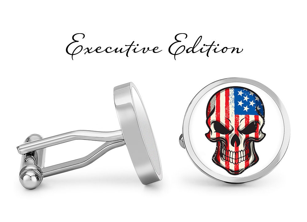 American Flag Skull Cufflinks - Patriotic Skull Design Cuff Links - USA Flag Cufflink (Lifetime Guarantee) S2414