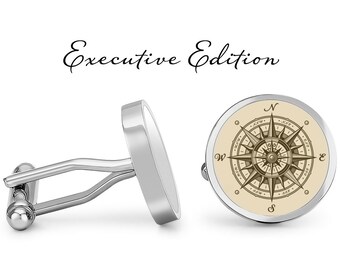 Compass Cufflinks - Antique Map Compass Cuff Links - Nautical Cufflink - World Map Compass Cuff Link (Pair) Lifetime Guarantee (S1240)