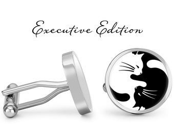 Yin Yang Cufflinks - Yin Yang Cat Cufflinks - YinYang Cuddling Cat Cuff Links - Cat Wedding Cufflinks (Pair) Lifetime Guarantee (S0385)