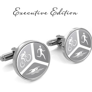 Triathlon Cufflinks: Swim Bike Run, Silver-Plated Steel