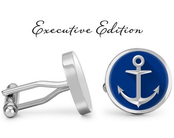 Blue Anchor Cufflinks - Nautical Anchor Cufflinks - Boat Anchor Cuff Links (Pair) Lifetime Guarantee (S0352)