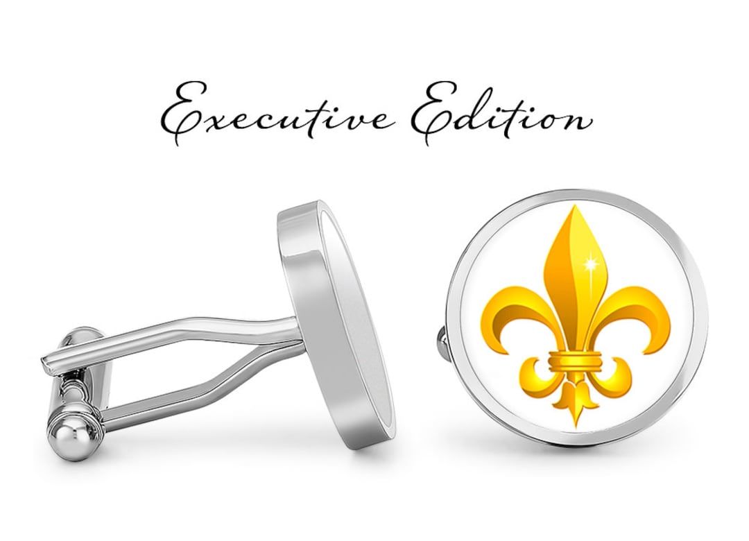 Boutons De Manchette Vintage Ton Or Motif Fleur De Lis - Style Victorien/Édouardien, Occasion