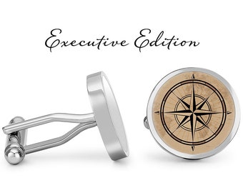 Nautical Compass Cufflinks - World Map Compass Cuff Links - Nautical Cufflink - Compass Cuff Link (Pair) Lifetime Guarantee (S0971)