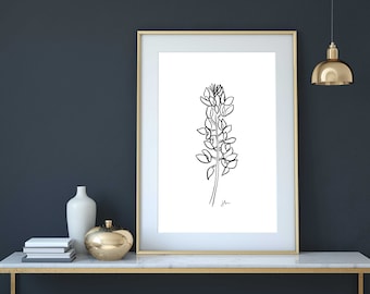 Impression d&#39;art noir et blanc dessin Texas Bluebonnet (téléchargement numérique)