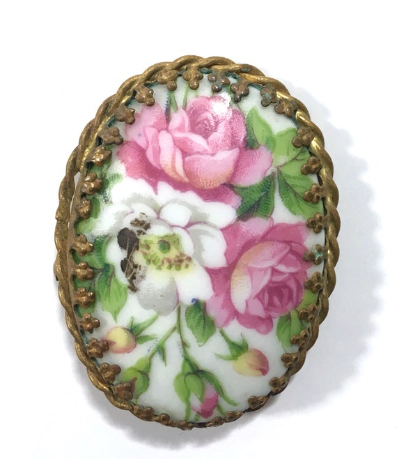 France Hand Signed Rose Bouquet Gold Gilt Lace Porcelain BROOCH Pin Vintage 19C Hand Painted Limoges REF 376
