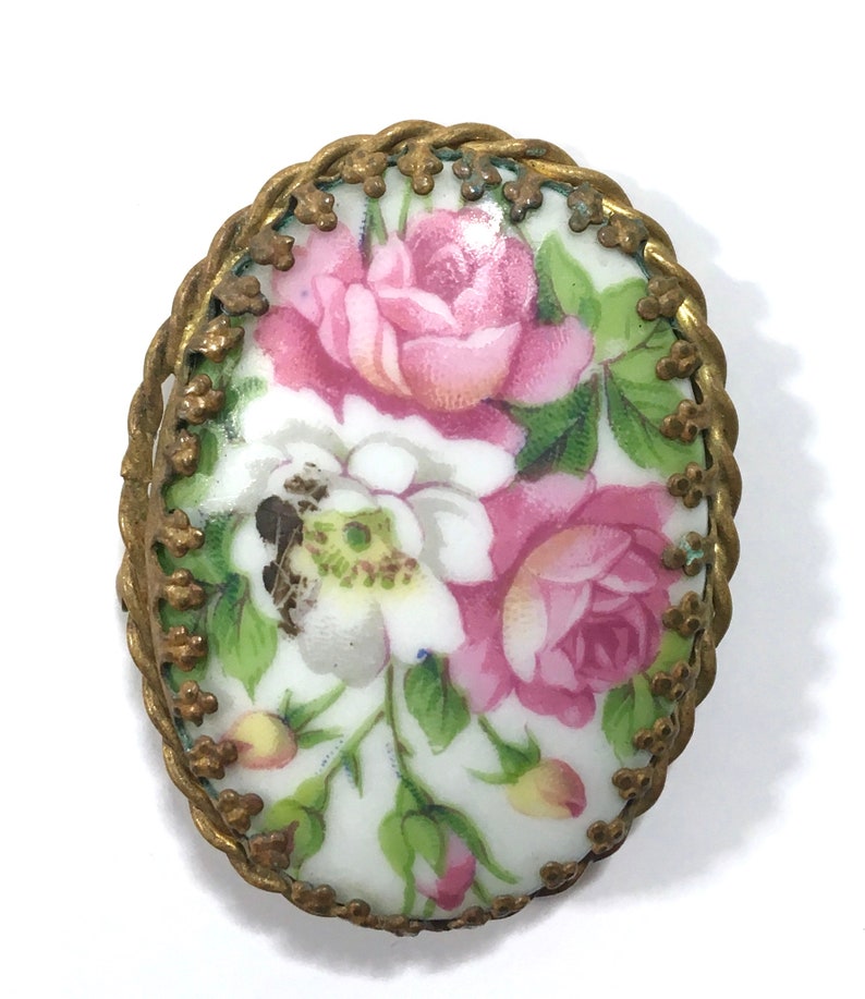 Antique Limoges France Porcelain Brooch Pin Hand Painted Roses Etsy