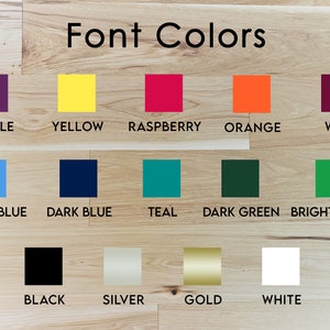 May include: A chart of font colors with 12 color swatches and the corresponding color names: purple, yellow, raspberry, orange, wine, bright blue, dark blue, teal, dark green, bright green, black, silver, gold, and white.