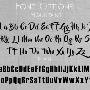 May include: Image showing two different font styles for the alphabet, labeled "Mountains" and "Plain". The "Mountains" font is a stylized, handwritten font. The "Plain" font is a standard, sans-serif font.