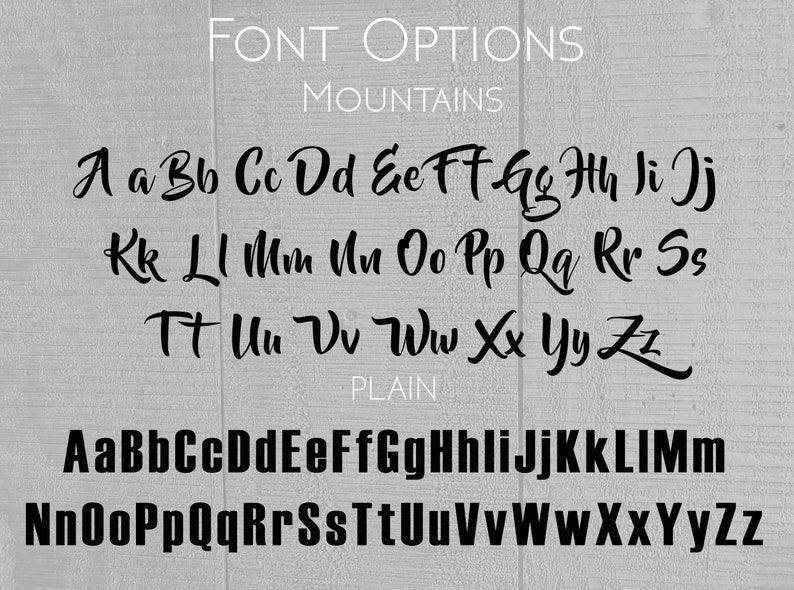 May include: Image showing two different font styles for the alphabet, labeled "Mountains" and "Plain". The "Mountains" font is a stylized, handwritten font. The "Plain" font is a standard, sans-serif font.