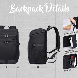 May include: Black backpack with a zippered pocket on the front and a mesh pocket on the side. The backpack is 18 inches tall, 13 inches wide, and 10 inches deep. It has a built-in beer opener on the strap, a zippered pocket for a mobile phone, and a fixed belt.