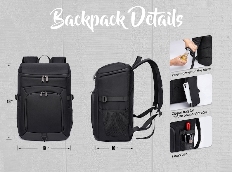 May include: Black backpack with a zippered pocket on the front and a mesh pocket on the side. The backpack is 18 inches tall, 13 inches wide, and 10 inches deep. It has a built-in beer opener on the strap, a zippered pocket for a mobile phone, and a fixed belt.