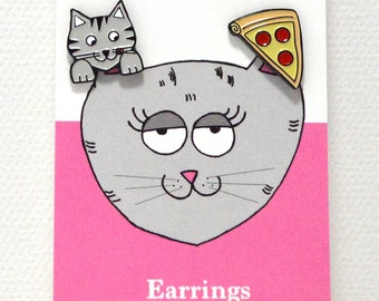 Tabby Cat Pizza earrings  cute cat earrings enamel stud earrings