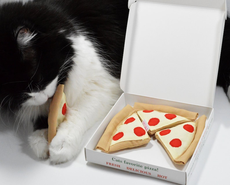 Jouet pour chat avec herbe à chat bio ou valériane jouet pour chat alimentaire Jouet mignon avec herbe à chat, jouet pour chat Tranche ou boîte de pizza Cadeau fait main image 4