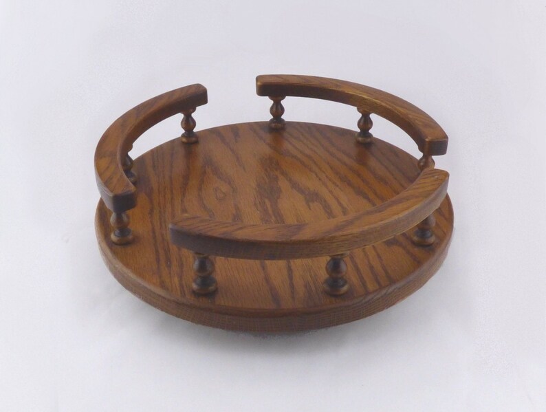Vintage Oak Lazy Susan With Railing Dark Wood Table Etsy