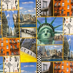 Peut inclure: Un collage d'images représentant divers monuments et scènes de New York, notamment le pont de Brooklyn, la Statue de la Liberté et un taxi jaune. Le collage présente également du texte qui dit "New York City" et "Bronx".