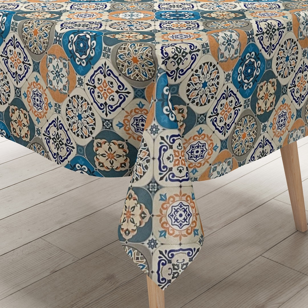 Oilcloth Tablecloth Mosaic Tiles Orange Blue 01633-02 Square Round Oval -  Etsy Finland | Tischdecken