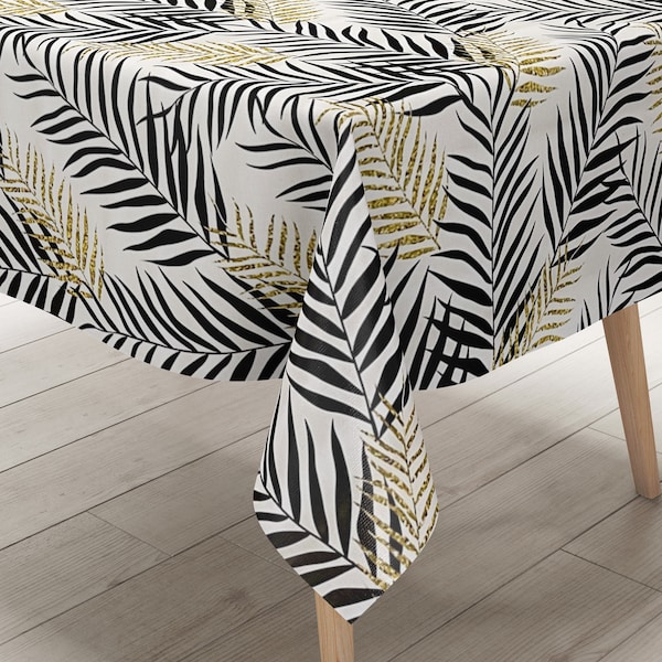 Nappe toile cirée KEVKUS K150127 feuilles de palmier jungle noir or sur blanc carré rond ovale