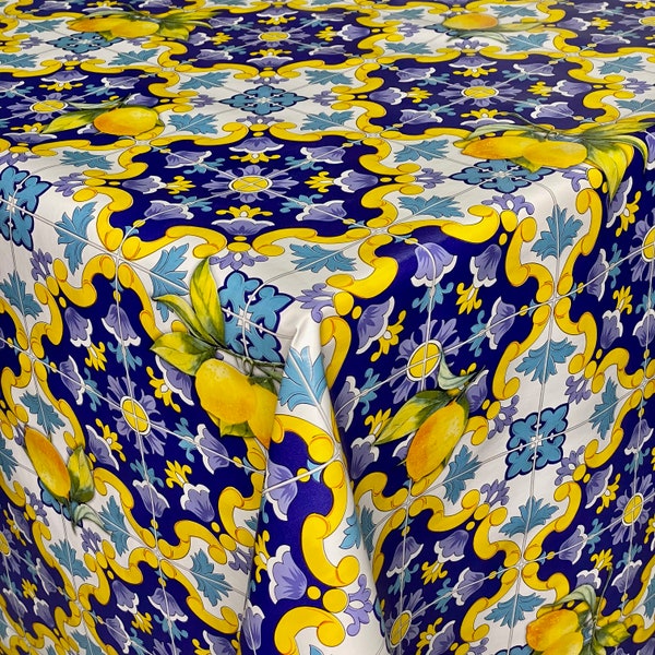 Waxcloth tablecloth mosaic tiles blue yellow 06213-03 square round oval