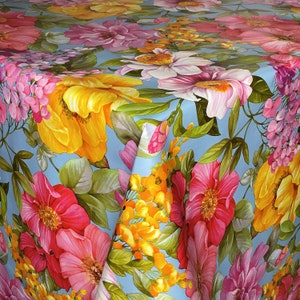 Tafelzeil tafelkleed bloemen kleurrijk op lichtblauw 01629-01 vierkant rond ovaal