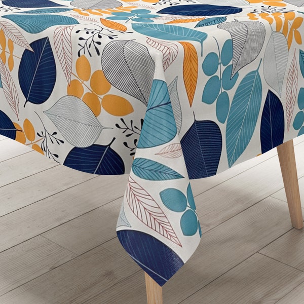 KEVKUS oilcloth tablecloth B4052-02 blue orange leaves foliage square round oval