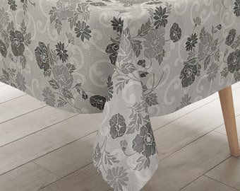 Nappe en toile cirée gaufrée P1053-1 aspect lin fleurs grises floral carré rond ovale
