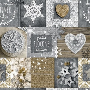Op de afbeelding: Een collage van winterse afbeeldingen, waaronder sneeuwvlokken, harten en sterren. De afbeeldingen zijn in een patchwork-patroon op een grijze en bruine achtergrond gerangschikt. De tekst "petits flocons d'hiver" is zichtbaar in het midden van de afbeelding.
