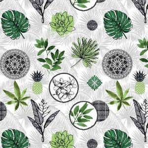 Puede incluir: Un patrón sin costuras con hojas tropicales verdes y negras, piñas, flores y diseños geométricos sobre un fondo blanco.