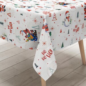 Tafelkleed van zeildoek Kerstmis P1151-2 beige cirkels Kerstman Kerstboom Sneeuwpop HO HO HO vierkant rond ovaal