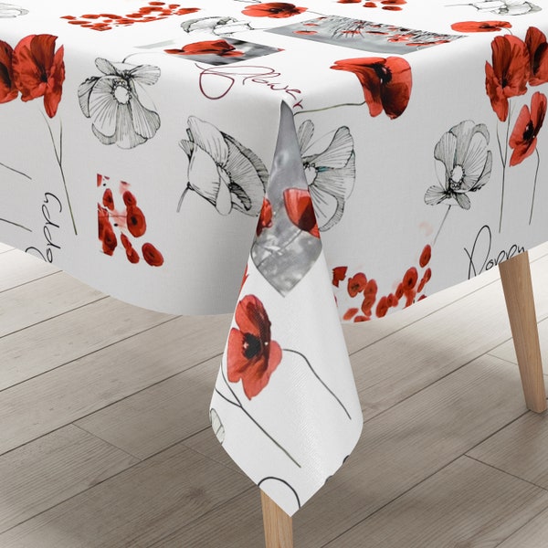 Nappe en toile cirée DR40 coquelicot blanc fleurs COQUELICOT carré rond ovale